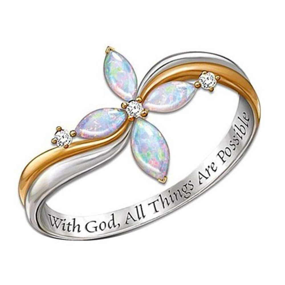 Women Faux Opal Cross Flower Shaped Finger Ring